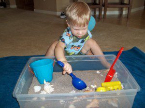 Beach theme - sand, shells, pail and shovels