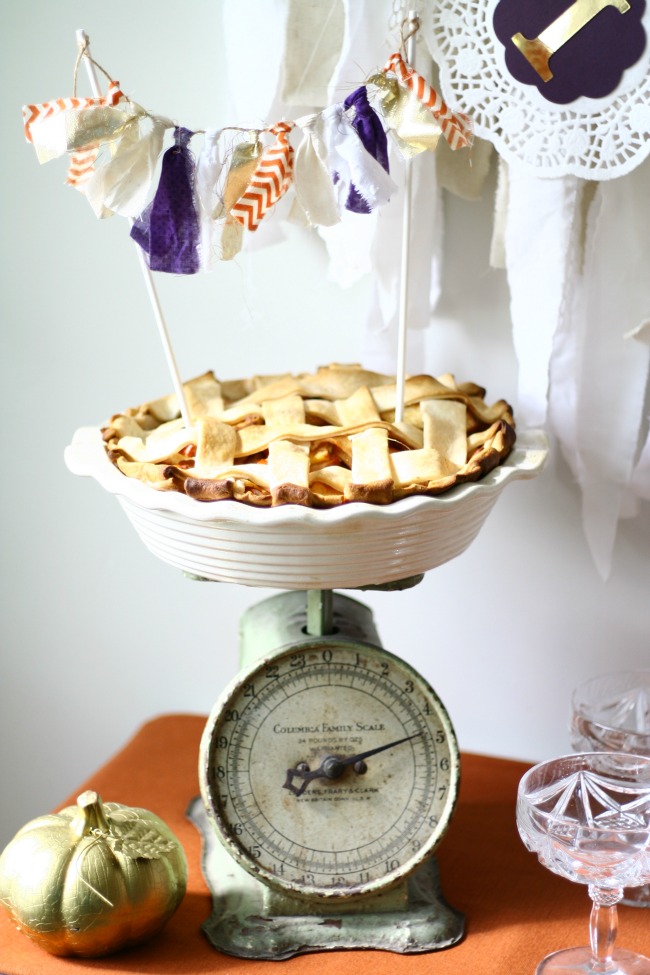 Fabric cake topper on apple pie for Thanksgiving dessert bar