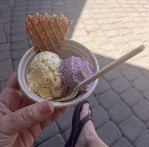 Picture of two scoops of ice cream in a bowl on a hot summer day