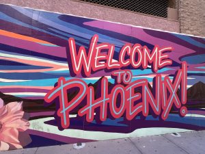 Brightly colored mural that says Welcome to Phoenix!